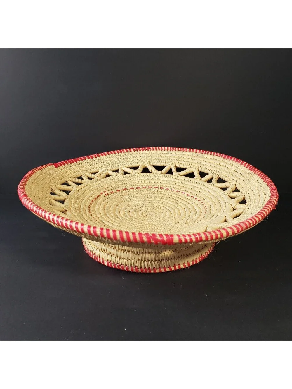 Hand Coiled Pedestal Basket Red Trim Round 11.5
